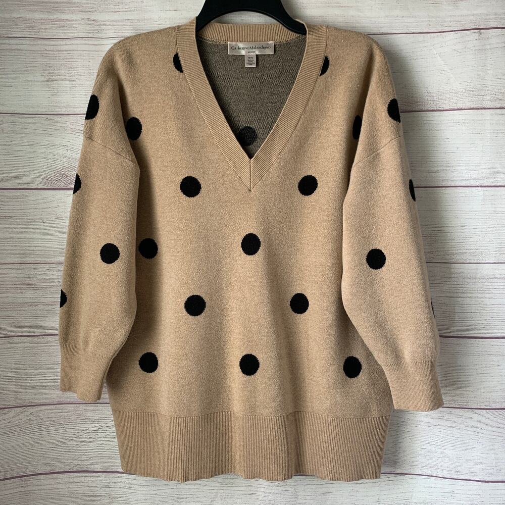 Catherine Malandrino Beige and Black Polka Dot Knit Sweater V Neck Size 1X